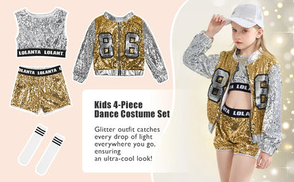 Girls Sequin Hip Hop Dance Costume Set with Metallic Trim Jacket, Crop Top, Shorts and Striped Socks for Jazz Recitals and Stage Performances