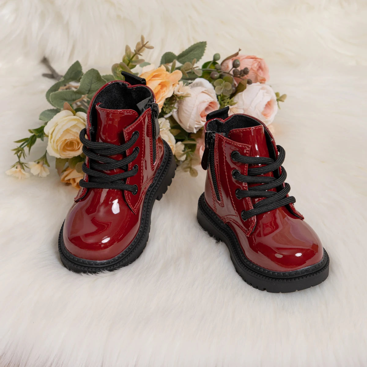 Kids PU Leather Combat Ankle Boots with Lace-Up Front, Side Zipper and Black Chunky Soles, Boys and Girls Fall Winter Shoes in Sizes 21-30