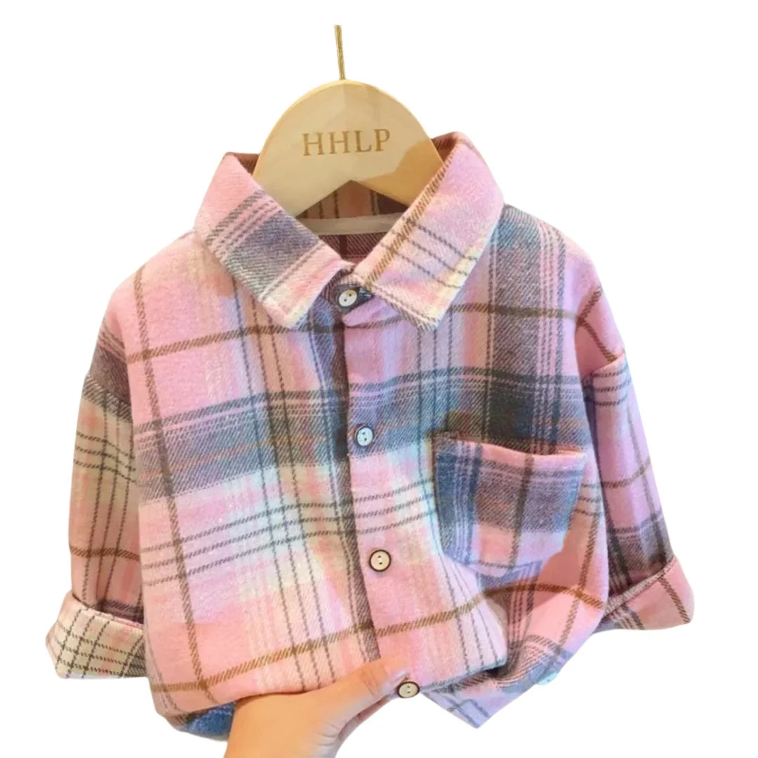 Plaid Kids Long Sleeve Button-Down Shirt with Classic Collar, Retro Casual Layering Top for Boys and Girls, Size Labels 90-150 cm