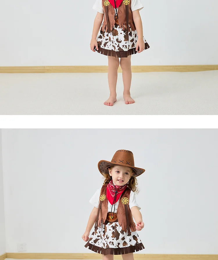 Girls Cowgirl Costume Set with Brown Fringe Vest, Cow-Print Skirt, Hat and Bandana, Western Dress-Up Outfit for Halloween and Birthday Parties