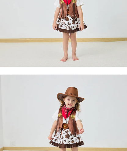 Girls Cowgirl Costume Set with Brown Fringe Vest, Cow-Print Skirt, Hat and Bandana, Western Dress-Up Outfit for Halloween and Birthday Parties