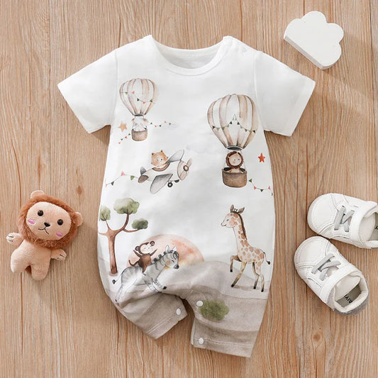 Animal Adventure Baby Romper with Hot-Air Balloon Print, Short Sleeves and Leg Snaps, Summer One-Piece Outfit for Boys and Girls, 0-18 Months