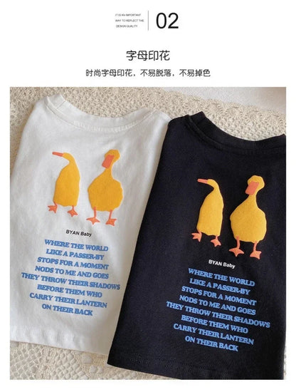 Duck Print Kids Long Sleeve T-Shirt with Crewneck and Letter Graphic, Loose Cotton Casual Top in White or Black for Spring Outfits, Sizes 90-140