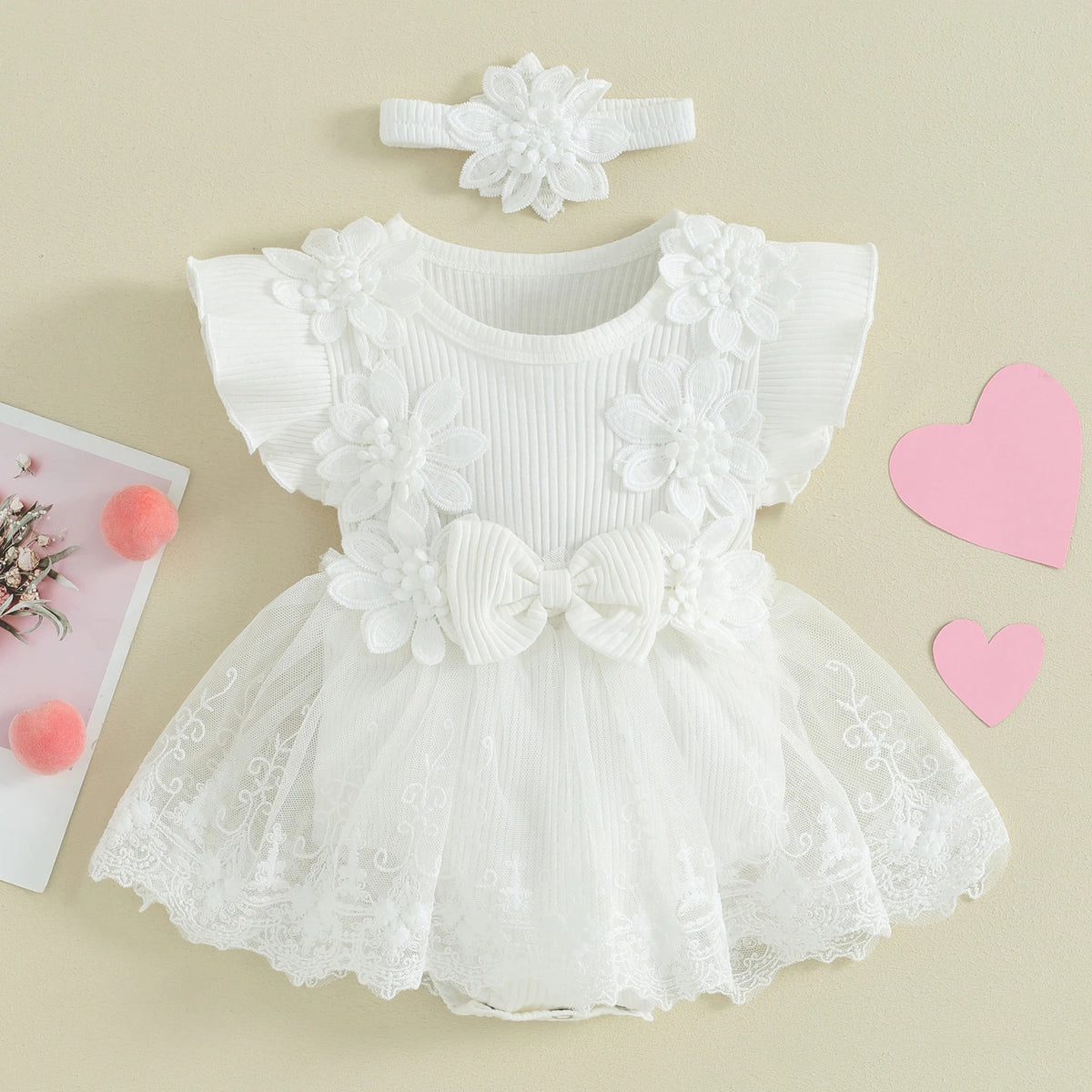 Flower Applique Baby Girl Romper Dress with Headband, Lace Mesh Skirt and Waist Bow, Cotton Blend Summer Occasion Outfit for 0-18 Months