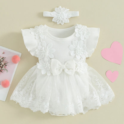 Flower Applique Baby Girl Romper Dress with Headband, Lace Mesh Skirt and Waist Bow, Cotton Blend Summer Occasion Outfit for 0-18 Months