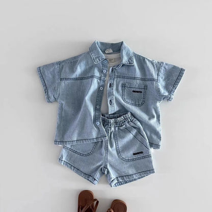 Toddler Denim Shirt and Shorts Set with Short Sleeves, Button Front and Elastic Waist, Dark or Light Blue Two-Piece Outfit for Boys and Girls