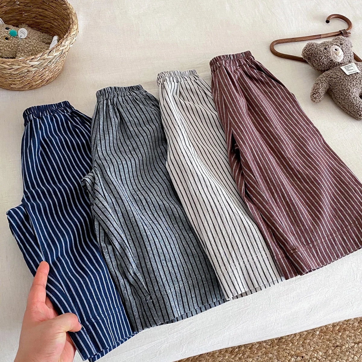 Cotton Toddler Striped Pants with Pull-On Elastic Waist, Relaxed Long Trousers for Boys and Girls in Six Colors, Sizes 12-24M to 5-6Y