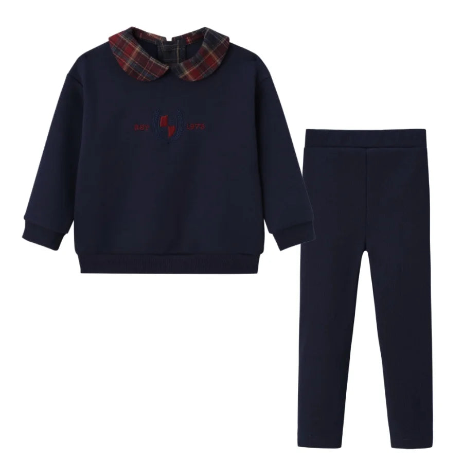 Kids Matching Varsity Outfits, Navy Embroidered Tops, Denim Skirts and Dresses for Babies, Boys and Girls, Sibling Photos and Fall Layering