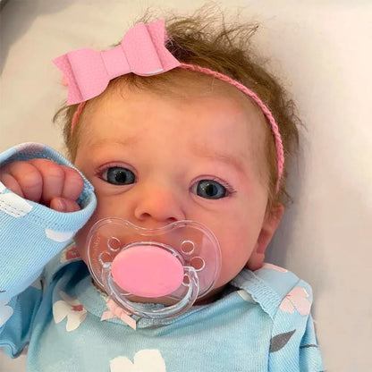 Blue Eyed Reborn Baby Doll Felicia with Hand-Rooted Hair and Soft Cloth Body, 18–19 Inch Vinyl Details, Clothes, Bottle and Random Pacifier
