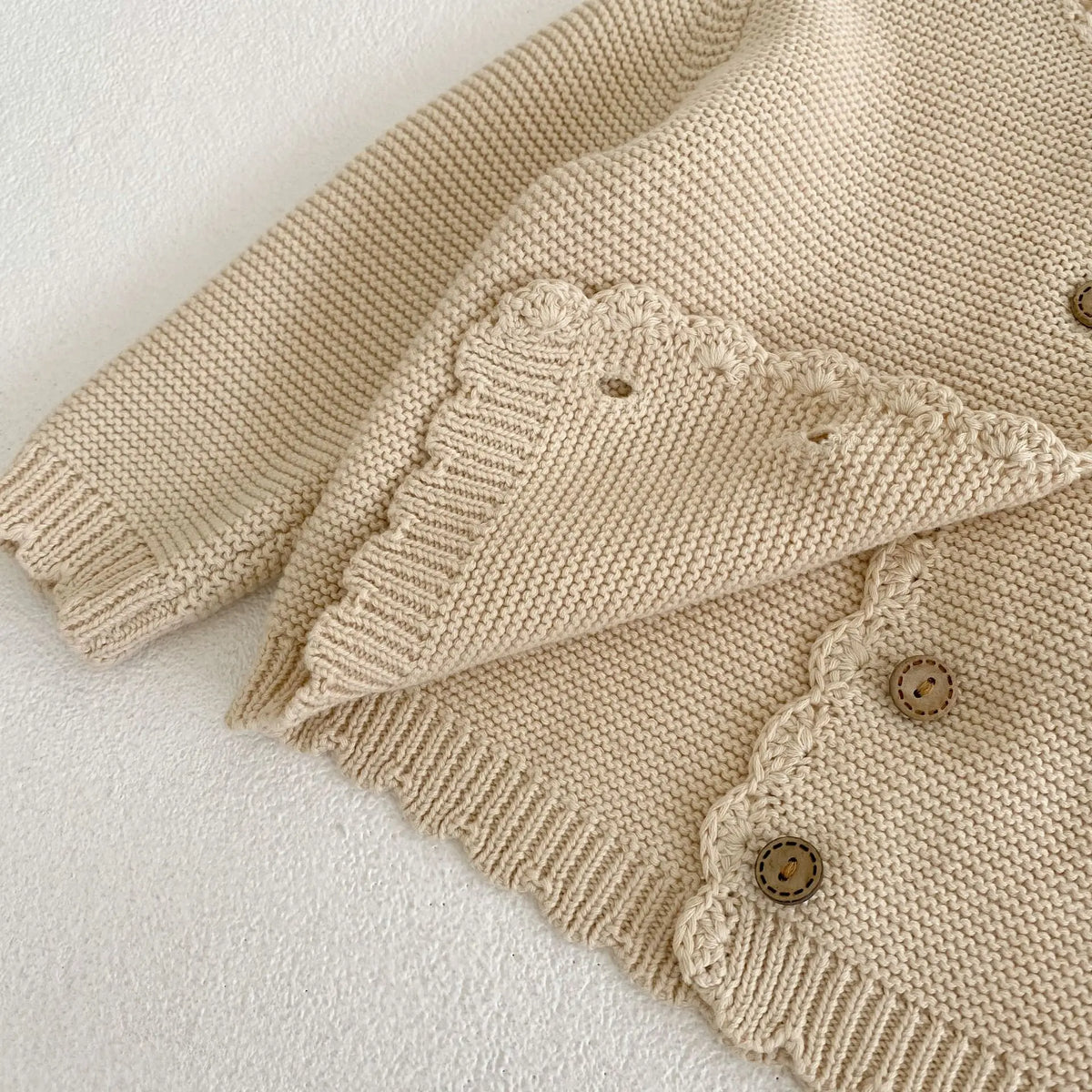 Scalloped Neck Baby Cardigan with Button Front, Textured Knit and Ribbed Cuffs, Long Sleeve Infant and Toddler Sweater in Khaki or Apricot