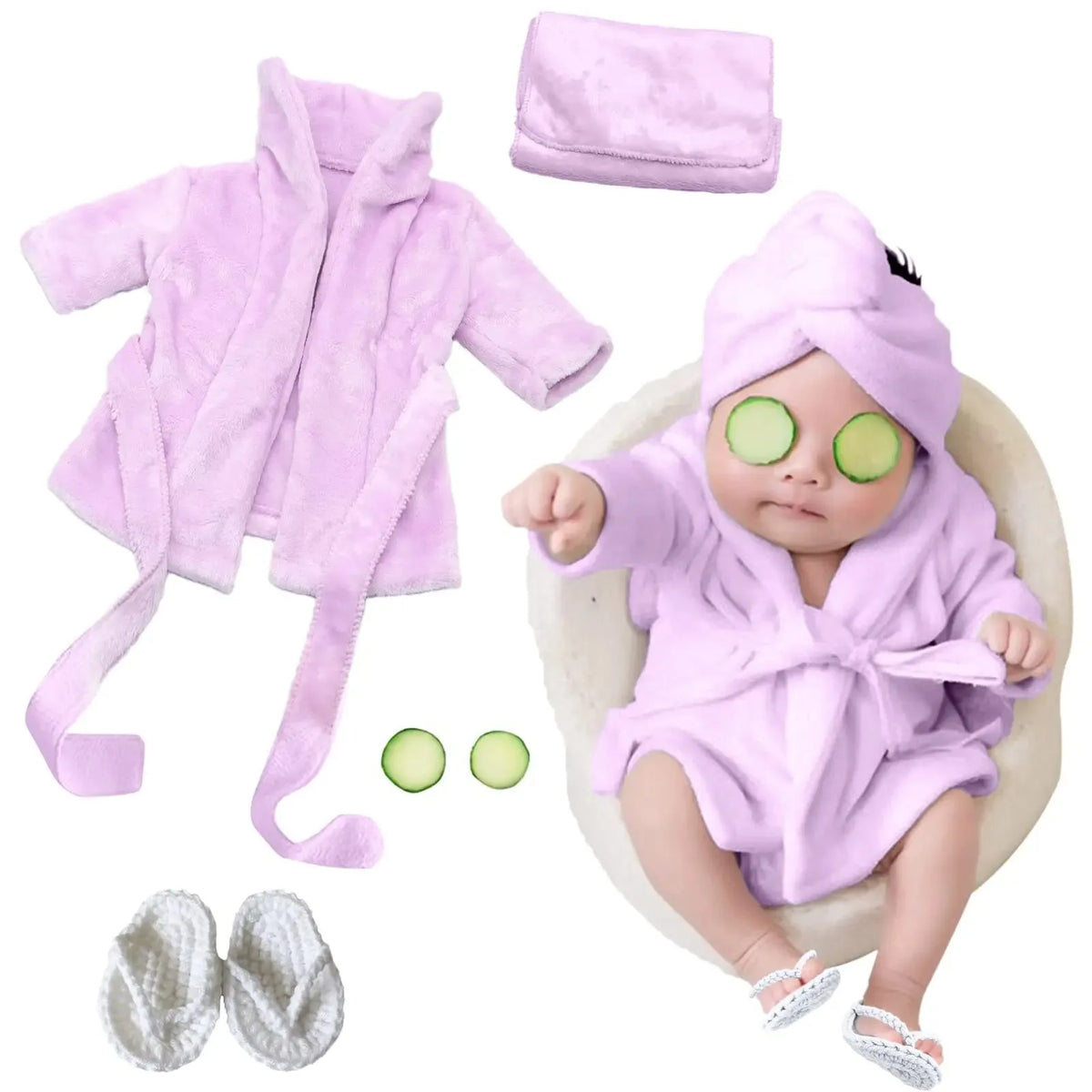 Baby Spa Photo Prop Set, 5-Piece Newborn Bathrobe Outfit with Towel, Slippers and Cucumber Props for Boys and Girls 0-6 Months