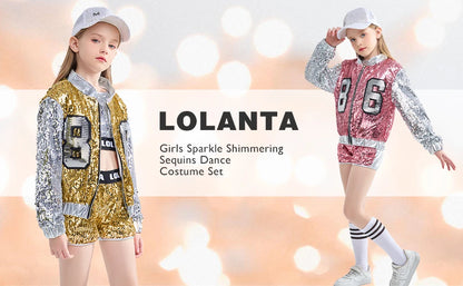 Girls Sequin Hip Hop Dance Costume Set with Metallic Trim Jacket, Crop Top, Shorts and Striped Socks for Jazz Recitals and Stage Performances