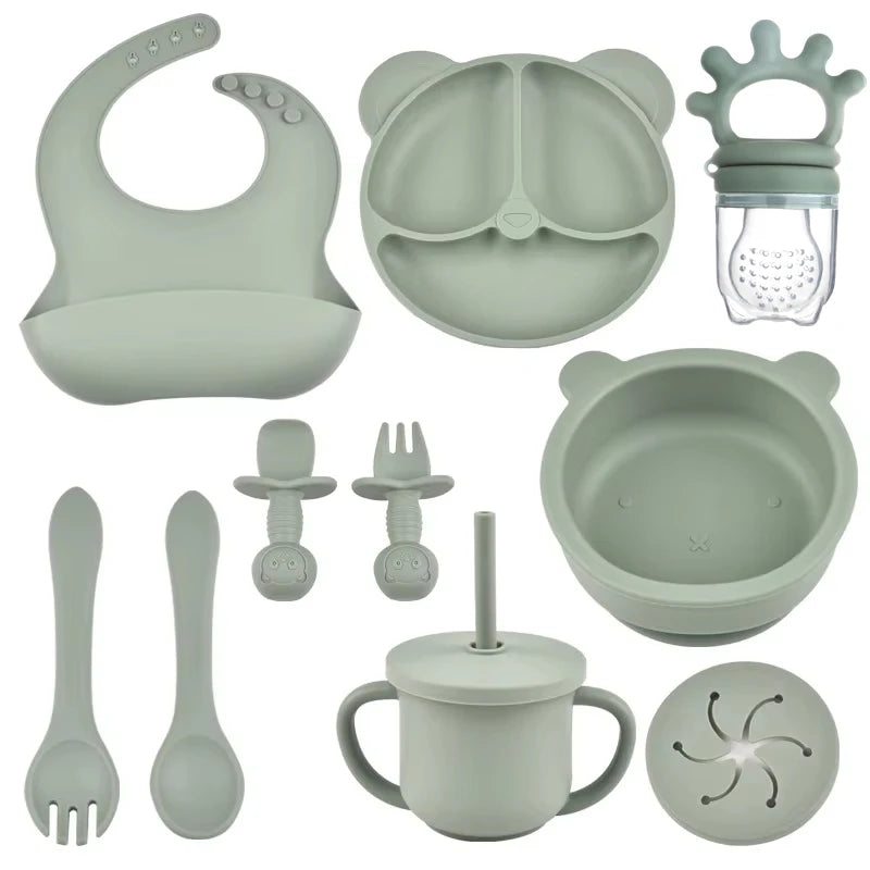 Silicone Suction Feeding Set, 10-Piece Panda Baby Tableware with Divided Plate, Bowl, Pocket Bib, Straw Cup and Two Utensil Pairs in Nine Colors