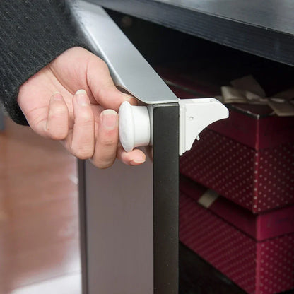 Magnetic Cabinet Safety Locks with Hidden Interior Latches and No-Drill Adhesive Installation for Compatible Drawers and Cupboard Doors