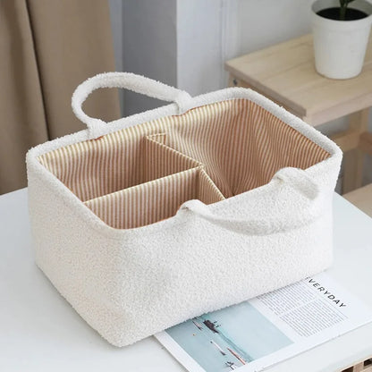 Striped-Lining Diaper Caddy with Plush-Textured Exterior, Three Compartments and Carry Handles for Nursery Supplies and Baby Bottle Storage