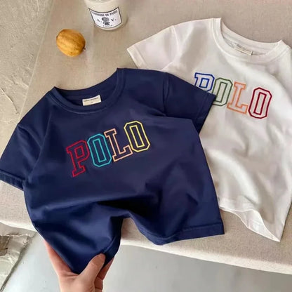 Kids Letter Print T-Shirt in Cotton with Colorful Outlined Graphic, Short Sleeve Crewneck Summer Top for Casual Outfits and Family Outings