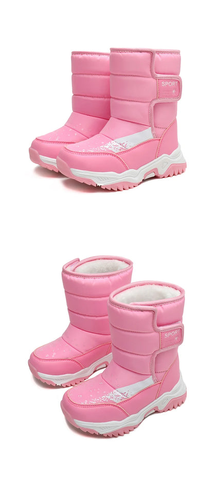 Kids Plush-Lined Winter Boots with Padded Shafts and Front Flap Closures, Pink or Purple Snow-Style Footwear for Boys and Girls
