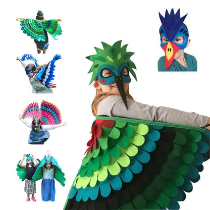 Kids Bird Wings and Mask Costume Set with Layered Felt Feather Cape, Colorful Animal Dress-Up for Halloween, Birthday Parties and Stage Performances