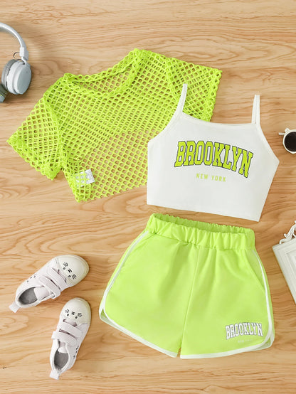 Girls Mesh Top and Shorts Outfit with Brooklyn Print Cami, Three-Piece Summer Set with Short Sleeves and Elastic Waist for Ages 8-12