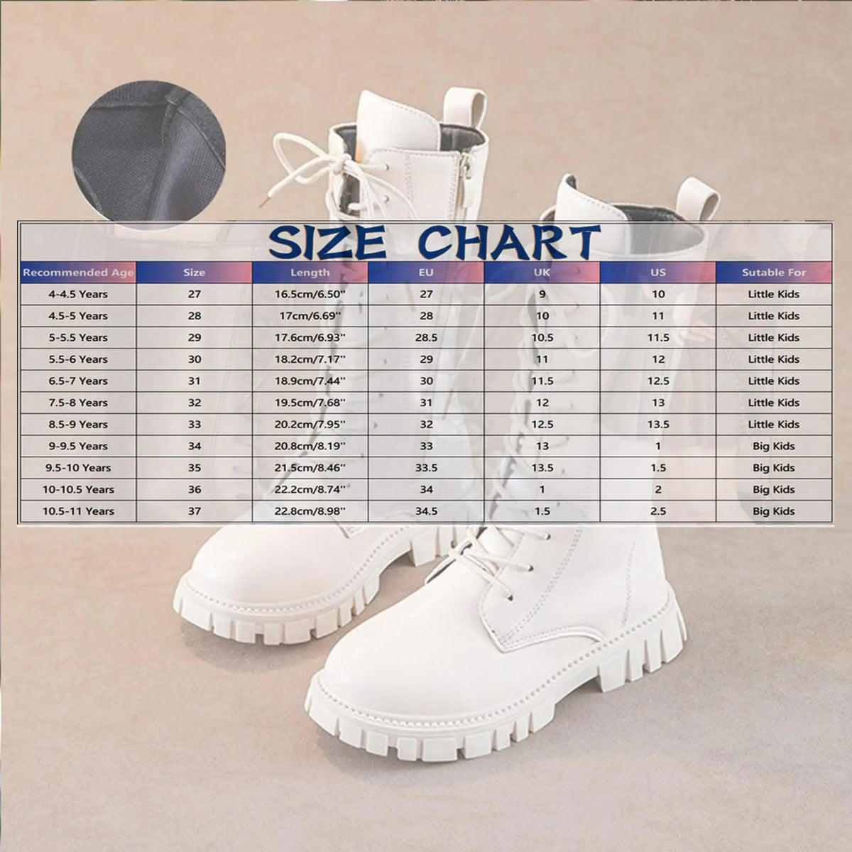 Girls White Lace-Up Boots with Side Zippers and Chunky Lug-Style Soles, Tall PU Fashion Footwear for Little and Big Kids, Sizes 27–37