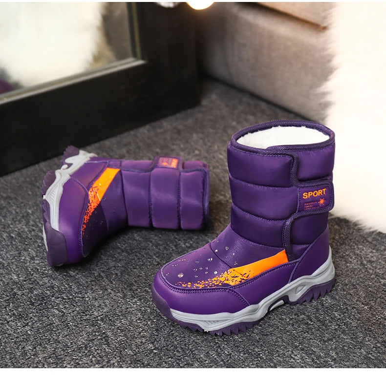 Kids Plush-Lined Winter Boots with Padded Shafts and Front Flap Closures, Pink or Purple Snow-Style Footwear for Boys and Girls