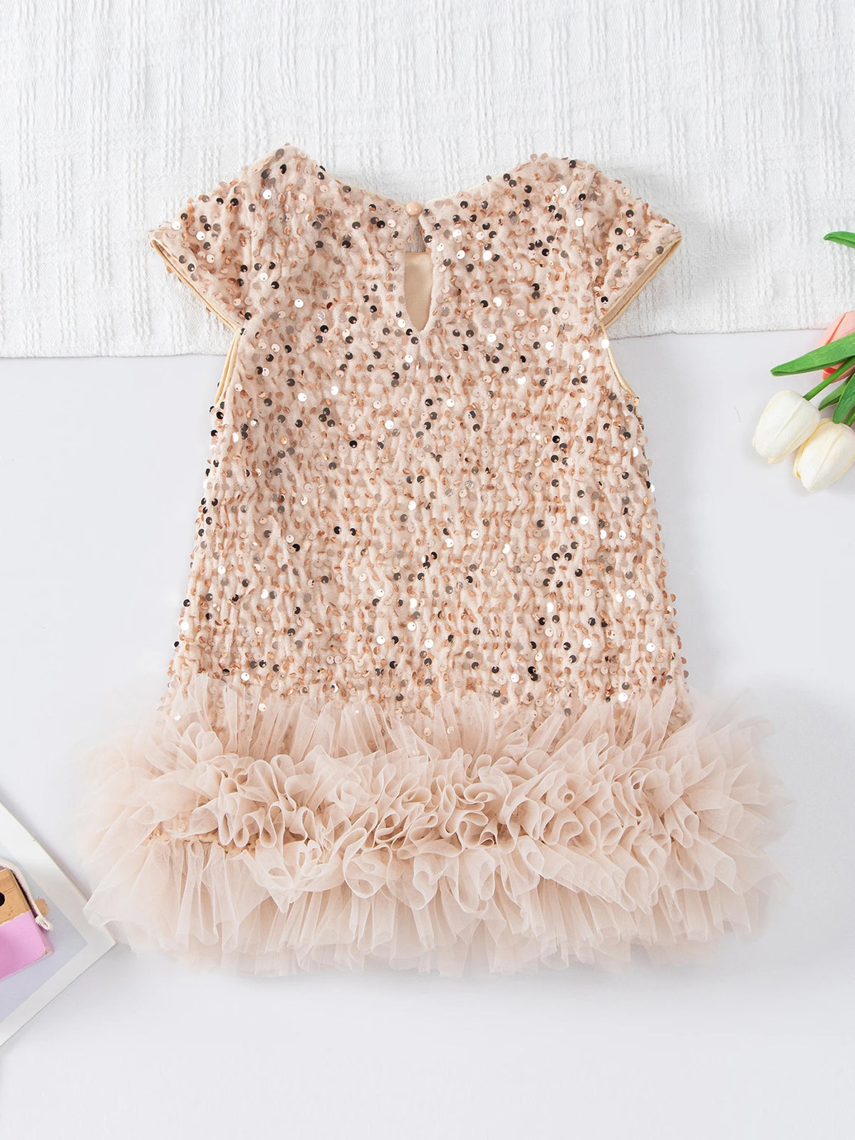 Girls Sequin Party Dress, Short Sleeve Sparkle Dress with Fluffy Mesh Ruffle Hem and Cotton Blend Lining for Birthdays and Holiday Photos, 2T-6T