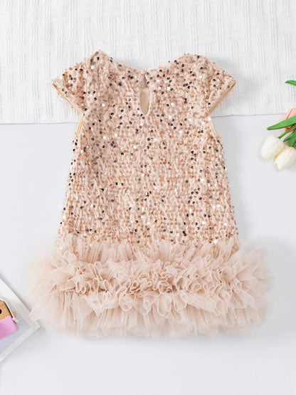 Girls Sequin Party Dress, Short Sleeve Sparkle Dress with Fluffy Mesh Ruffle Hem and Cotton Blend Lining for Birthdays and Holiday Photos, 2T-6T