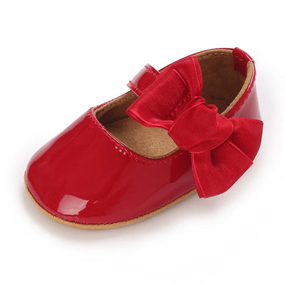 Baby Girl Mary Jane Shoes with Bow Detail and Glossy Finish, Round-Toe Infant Dress Flats for Spring Outfits, Parties and Photos, 0-18 Months
