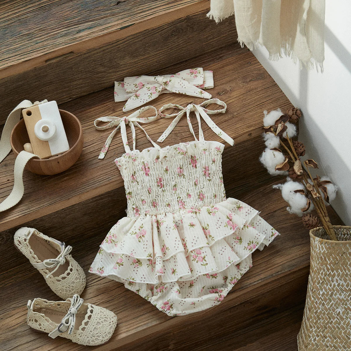 Smocked Floral Baby Girl Sunsuit with Headband, Cotton Blend Ruffle Romper with Tie Shoulder Straps for Summer Photos, 0-24 Months