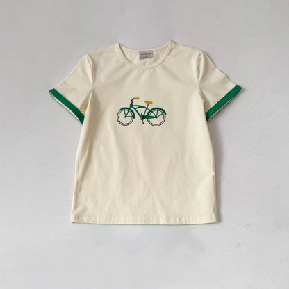 Bicycle Print Sibling Matching Outfits, Cream Girls Dresses and Tops with Red Skirts, Boys Green Shorts and Baby Rompers for Family Photos