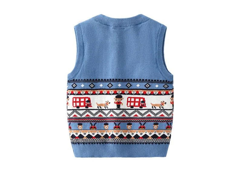 Blue V-Neck Baby Sweater Vest with Bus and Character Knit Pattern, Sleeveless Pullover with Ribbed Trim for Infant and Toddler Layering, 6M–3T