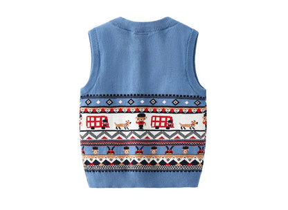 Blue V-Neck Baby Sweater Vest with Bus and Character Knit Pattern, Sleeveless Pullover with Ribbed Trim for Infant and Toddler Layering, 6M–3T