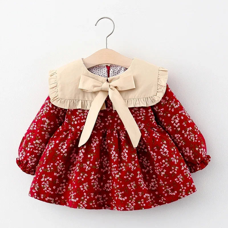 Baby Girl Floral Long Sleeve Dress with Ruffle Collar and Bow, Spring and Fall Outfit for Birthdays and Family Photos, Sizes 9 Months to 3 Years
