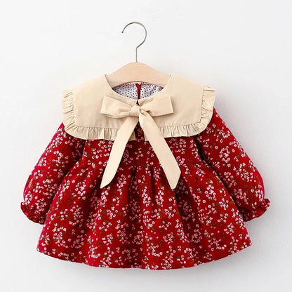 Baby Girl Floral Long Sleeve Dress with Ruffle Collar and Bow, Spring and Fall Outfit for Birthdays and Family Photos, Sizes 9 Months to 3 Years