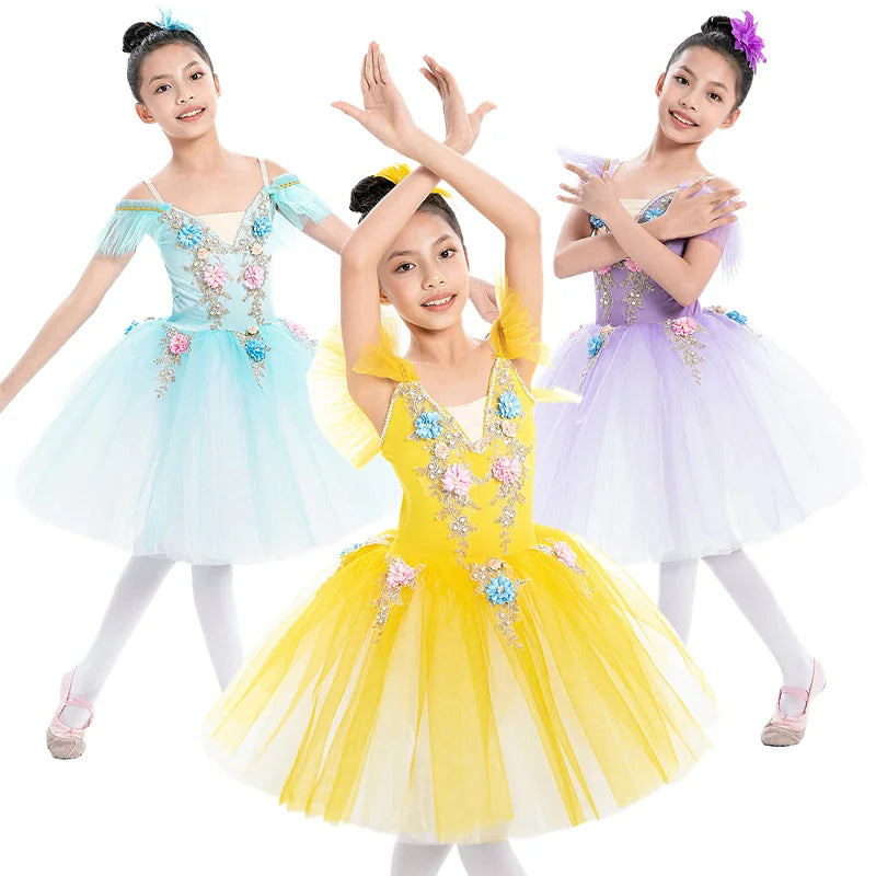 Floral Girls Ballet Tutu Dress with Ruffled Shoulders and Layered Skirt for Dance Recitals, Stage Performances and Group Costumes, Sizes 110-160