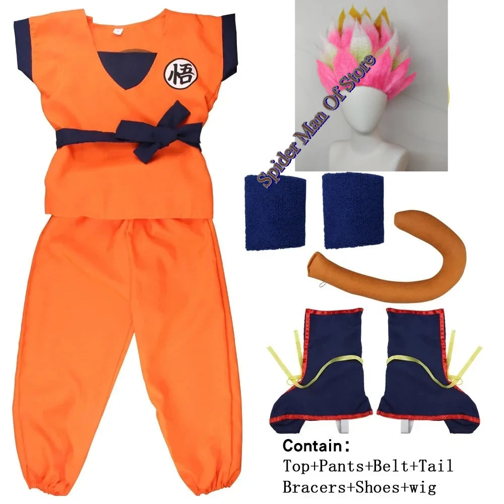 Orange Anime Gi Costume for Kids and Adults, Goku-Inspired Polyester Top and Pants with 5, 6 or 7-Piece Accessory Options for Halloween and Cosplay