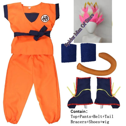 Orange Anime Gi Costume for Kids and Adults, Goku-Inspired Polyester Top and Pants with 5, 6 or 7-Piece Accessory Options for Halloween and Cosplay
