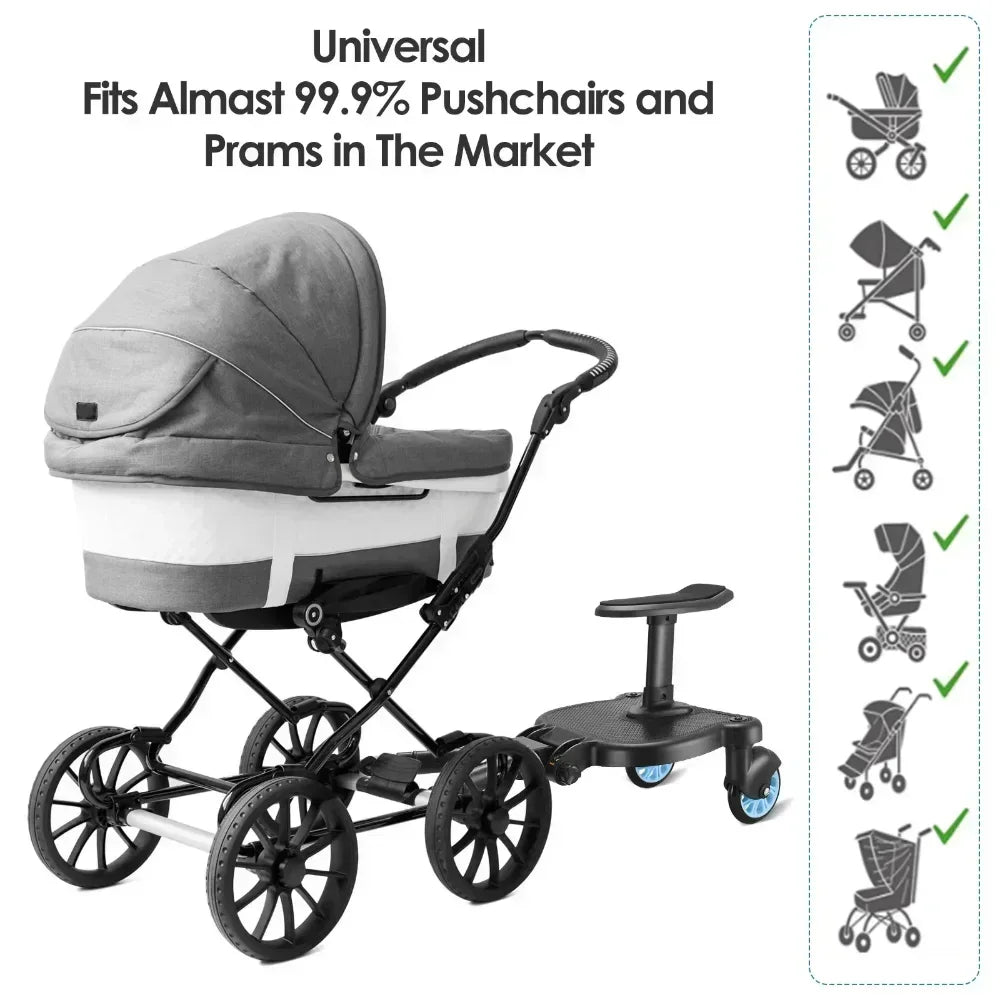 Stroller Ride-On Board with Detachable Seat, Sit or Stand Platform for a Second Child Ages 3-7, Single or Double Wheel Color Options