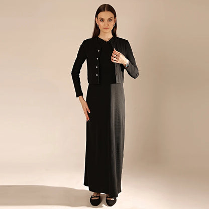 Women's Sleeveless Maxi Dress and Button-Front Cardigan Options, Black and Cream Layering Outfit for Everyday Wear, Ladies XS-3XL