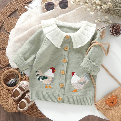 Rooster Embroidered Baby Girl Cardigan with White Ruffle Collar, Long Sleeve Button-Front Knit Sweater in Pink or Green, Sizes 6 Months to 3 Years