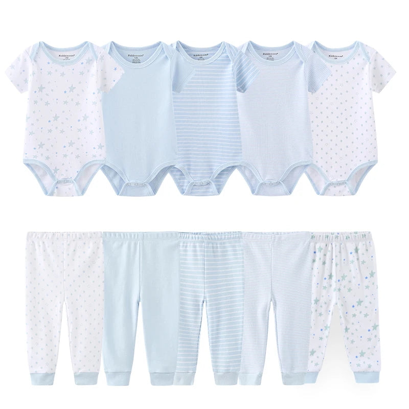 Baby Bodysuit and Pants Set, 10-Piece Kiddiezoom Infant Clothing Bundle with Short-Sleeve Tops for Boys and Girls, Sizes 3M-12M