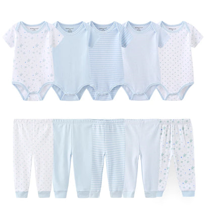 Baby Bodysuit and Pants Set, 10-Piece Kiddiezoom Infant Clothing Bundle with Short-Sleeve Tops for Boys and Girls, Sizes 3M-12M