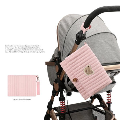 Hanging Diaper Organizer Bag with Foldable Design, Bear Detail and Wrist Strap for Baby Essentials, Everyday Outings and Family Travel