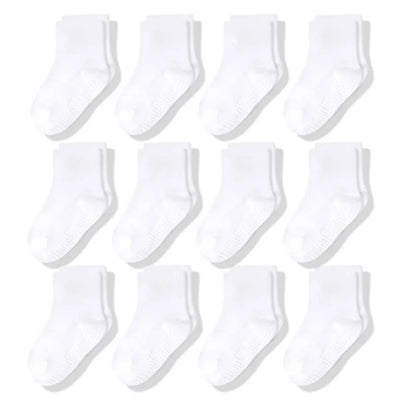 Cotton-Rich Baby Non-Slip Socks 12-Pair Pack, Crew Grip Socks with Ribbed Cuffs and Stretch Fit for Infant and Toddler Boys and Girls