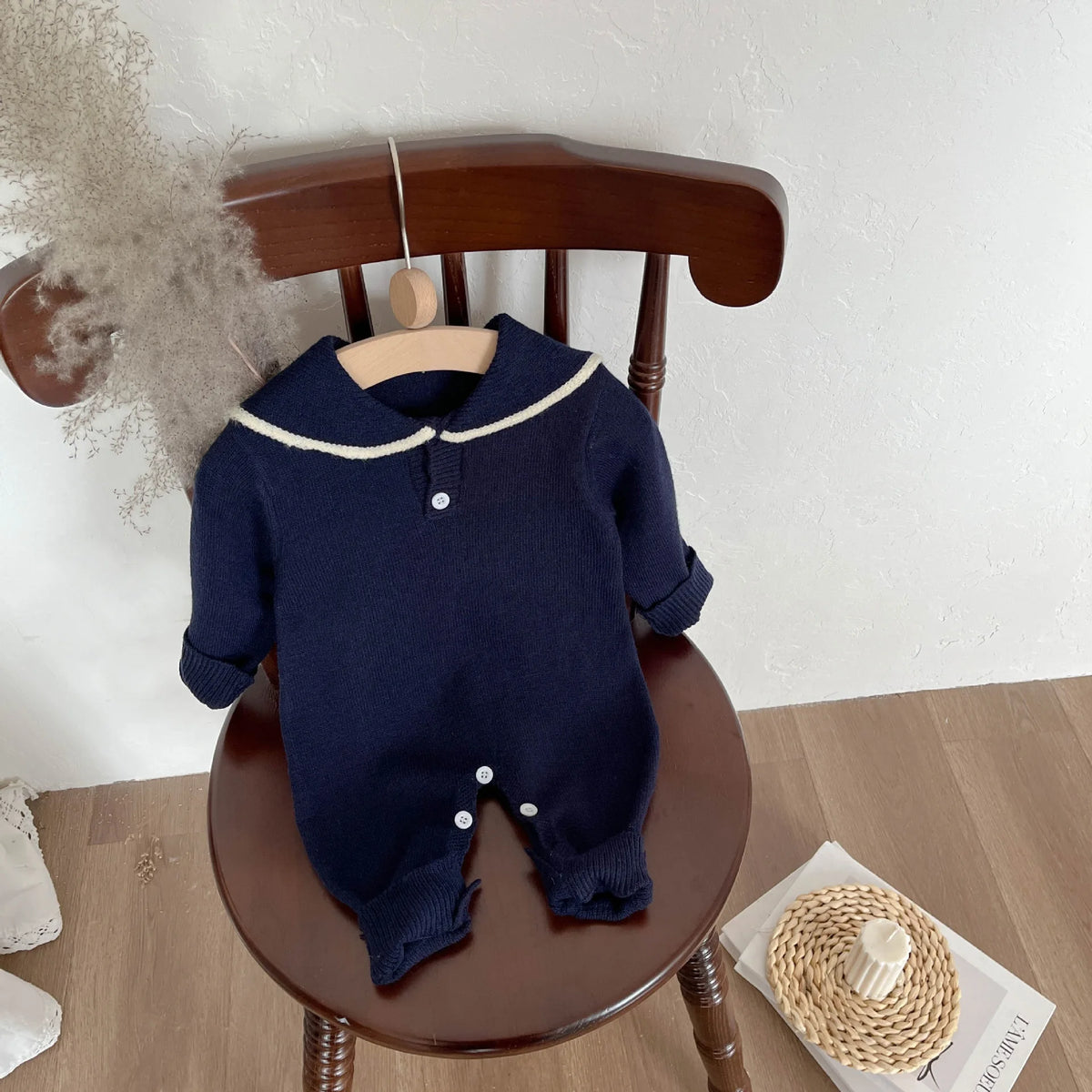 Sailor Collar Baby Knit Romper with Long Sleeves and Button Fastenings, Footless One-Piece Outfit in Gray, Stripe or Dark Blue, Sizes 66-100
