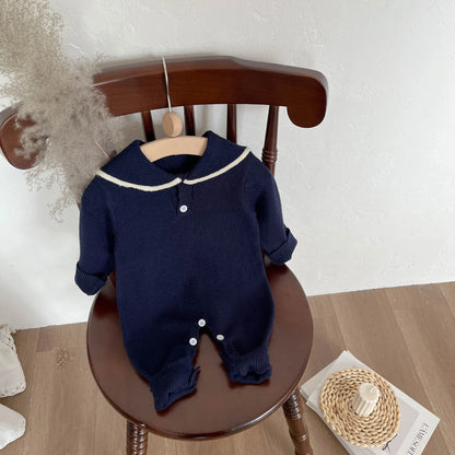Sailor Collar Baby Knit Romper with Long Sleeves and Button Fastenings, Footless One-Piece Outfit in Gray, Stripe or Dark Blue, Sizes 66-100