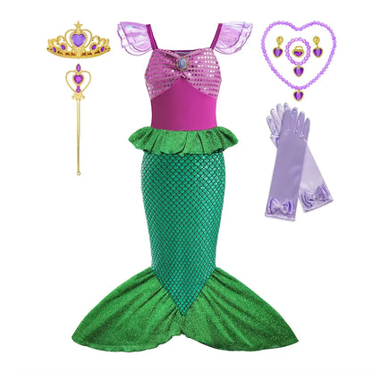Mermaid Costume Dress for Girls with Purple Bodice, Green Scale-Pattern Skirt and Fishtail Hem for Birthdays, Halloween and Princess Dress-Up
