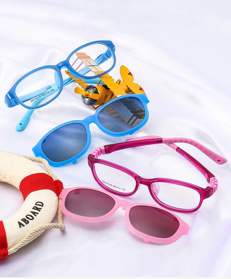Children's 2-in-1 Sunglasses with Flexible Eyeglass Frame and Removable Sun Clip, Colorful Kids Shades for Summer Outings and Family Travel