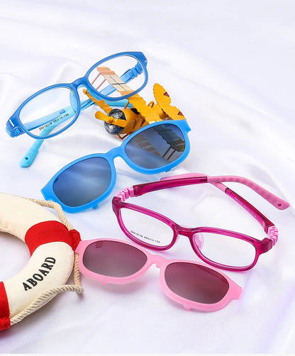 Children's 2-in-1 Sunglasses with Flexible Eyeglass Frame and Removable Sun Clip, Colorful Kids Shades for Summer Outings and Family Travel