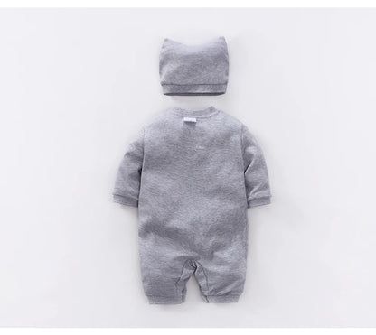 Gray Baby Romper and Hat Set with Cotton Long Sleeve Jumpsuit, Curved Snap Front and White Belly Graphic for Spring and Fall, 0-12M
